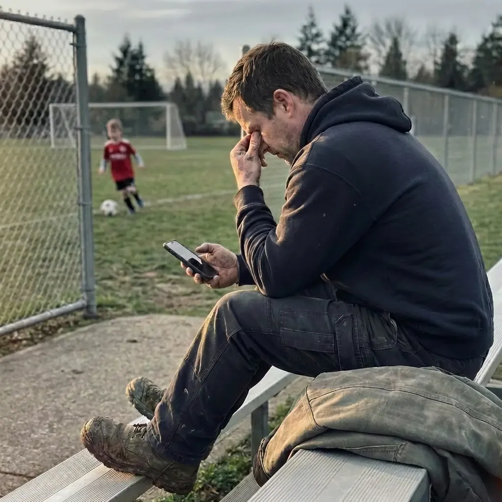 A tired tradesman in muddy work clothes sits on bleachers at a child's soccer game, head in hand, holding his phone.